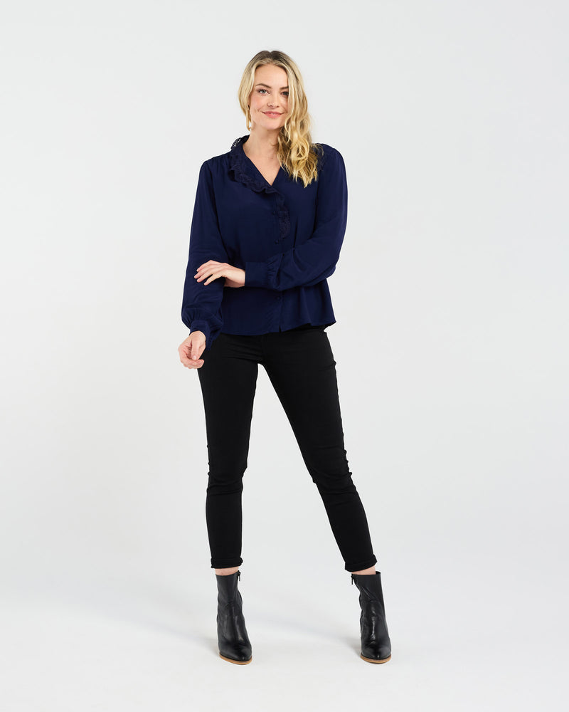 Amelia Lace Trim Shirt (Navy)